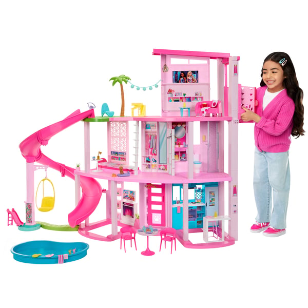 Barbie Dreamhouse Adventures Dreamhouse, over 75 dele, dukkehus til poolparty med en vandrutsjebane, der er tre etager høj Barbie Dreamhouse Adventures Dreamhouse, over 75 dele, dukkehus til poolparty med en vandrutsjebane, der er tre etager høj