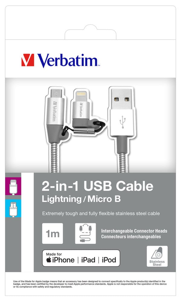 Verbatim 48869 USB-kabel 1 m USB A Micro-USB B/Lightning Aluminium, Grå