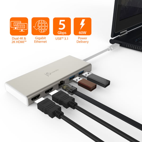 j5create JCD381-N USB Type-C™ dubbel HDMI mini dockningsstation-Ethernet/ USB 3.1 HUB / PD2.0