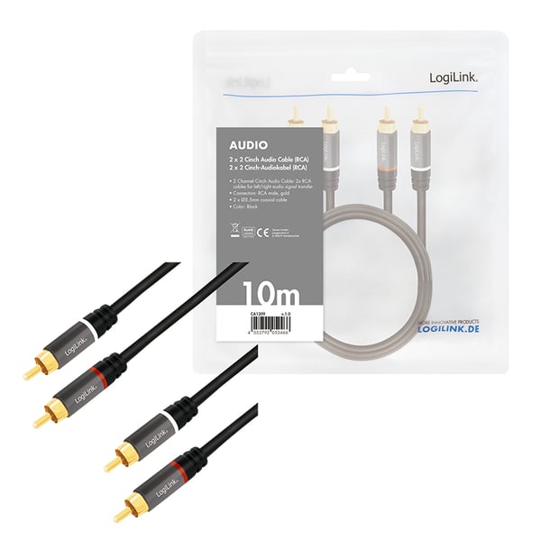 LogiLink CA1209 audiokaapeli 10 m 2 x RCA Musta