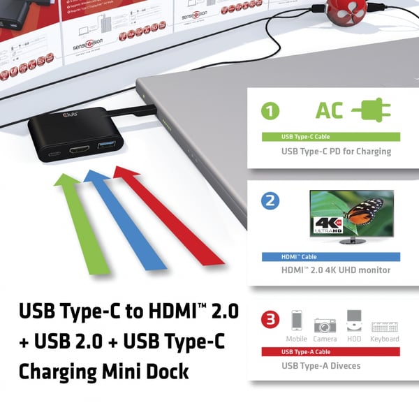 CLUB3D USB Type-C to HDMI™ 2.0 + USB 2.0 + USB Type-C Charging Mini Dock
