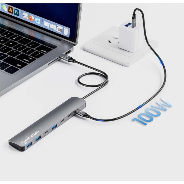 Manhattan 10G/5G USB-C/USB-A -keskitin virransyötöllä, USB-C-liitin neljään USB-C-porttiin