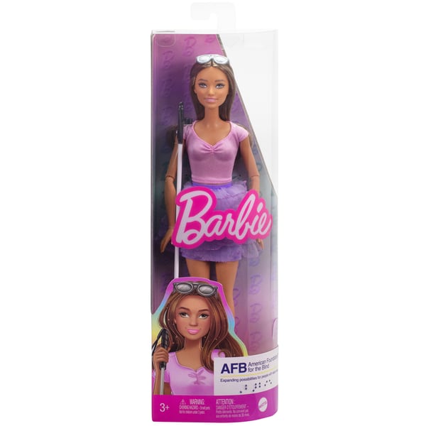 Barbie Fashionistas -docka nr 228 blind -docka klädd i pastellfärgad outfit med käpp och solglasögon