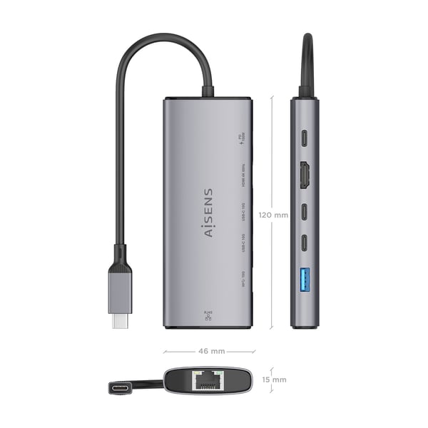 AISENS ASUC-6P030-GR kannettavien tietokoneiden telakka ja porttitoistin Langallinen USB 3.2 Gen 1 (3.1 Gen 1) Type-C Harmaa