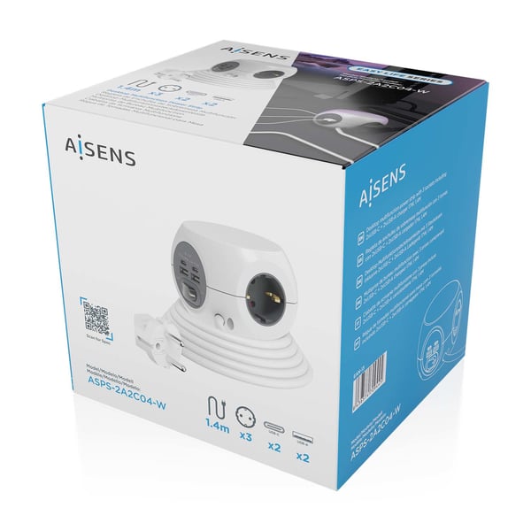 AISENS ASPS-2A2C04-W stikdåse 1,4 m 3 AC stikkontakt(er) Indendørs Hvid