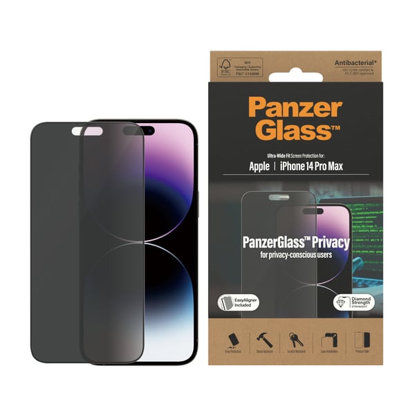 PanzerGlass ® Privacy Screen Protector iPhone 14 Pro Max | Ultra-Wide Fit w. EasyAligner Genomskinligt skärmskydd Apple 1 styck