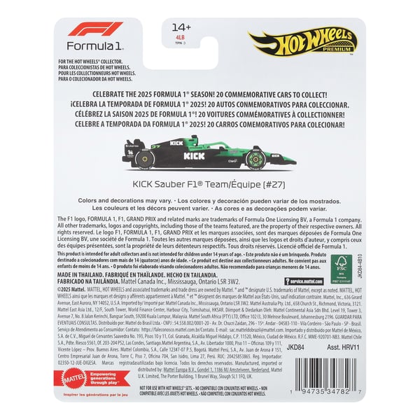 Hot Wheels Premium Kick Sauber F1 Team (#27) Vehicle