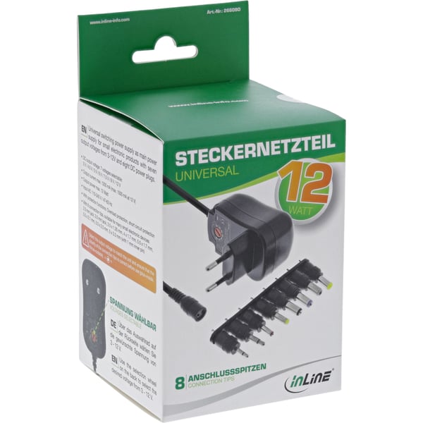 InLine 26608O strømadapter og vekselret Indendørs 12 W Sort