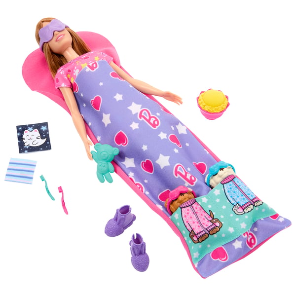 Barbie Barbie-dukke og hvalpepyjamasfest med 2 legetøjshundefigurer og 10+ stk. tilbehør, farveskift