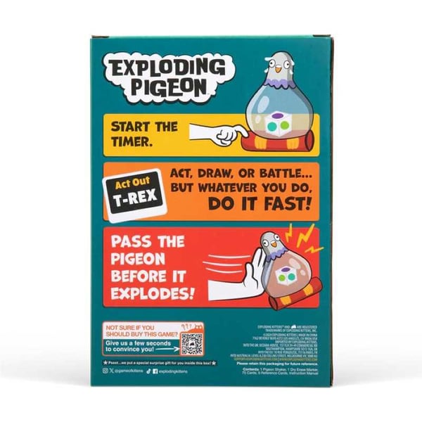 Asmodee Exploding Pigeon It's a little like Pictionary, a little like Charades, a little like hot potato, and a LOT of chaotic fun! Exploding Pigeon is the rapid-fire challenge passing family game that'll change your parties forever. Shake the Pigeon to reveal your hilarious challenge -- it could be drawing, miming, or a quick round of rock, paper, scissors. Hurry and do it before passing the Pigeon to the other team! Scramble to complete as many challenges as you can, just don't get caught with the Pigeon when the timer runs out! This instant party starter is easy to learn, quick to play, and perfect for bringing the energy to family game nights or gatherings. Korttipeli