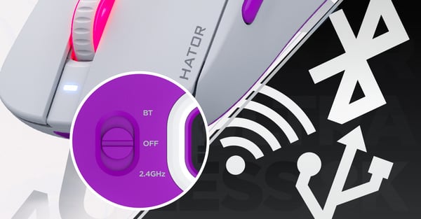 HATOR Quasar 3 Ultra 8K+8K Wireless gamingmus, 2.4 GHz + Bluetooth + USB, Optical 100M Switches, PixArt PAW3950, RGB, Web SyncHUB™, Vit-violett