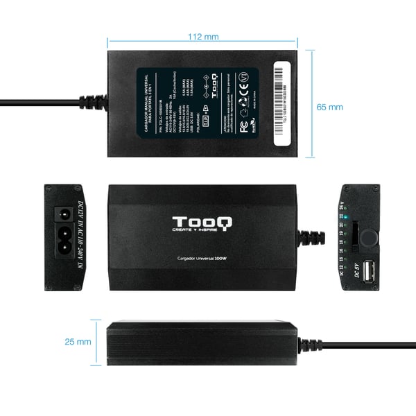 TooQ TQLC-100BS01M strømadapter og vekselret Auto/indendørs 100 W Sort