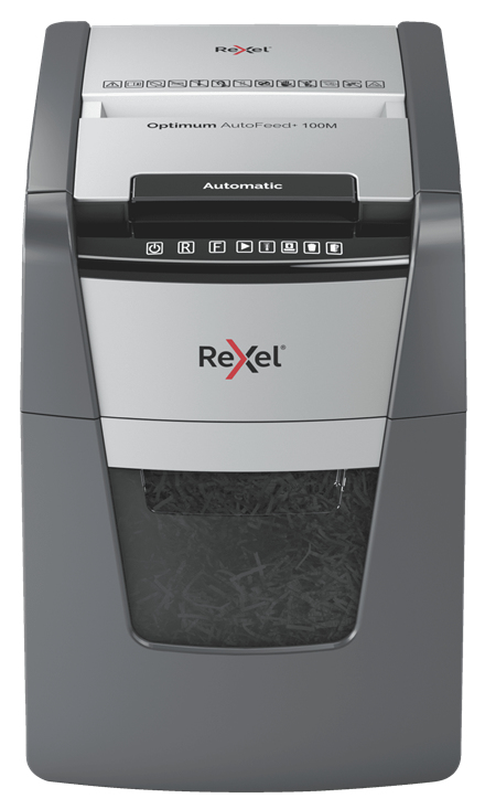 Rexel Optimum Auto+ 100M papirmakulator Mikromakulering 55 dB 22 cm Sort, Grå