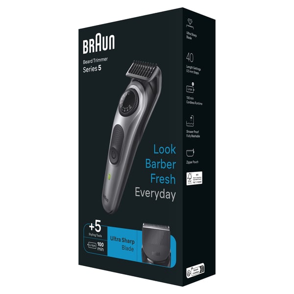 Braun BeardTrimmer 5 80708228 skäggtrimmer Batteri 40 2 cm Svart, Grå