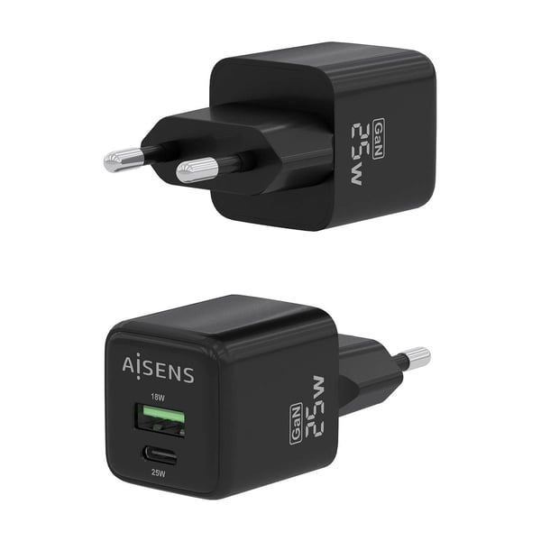 AISENS ASCH-25W2P015-BK oplader til mobil enhed Universel Sort Vekselstrøm Hurtig opladning Indendørs