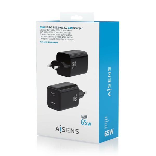 AISENS ASCH-65W2P040-BK oplader til mobil enhed Universel Sort Vekselstrøm Hurtig opladning Indendørs