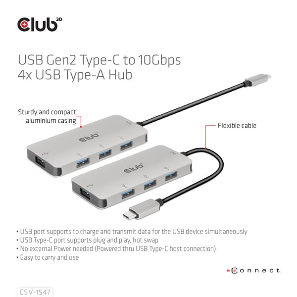 CLUB3D CSV-1547 gränssnittshubbar USB 3.2 Gen 2 (3.1 Gen 2) Type-C 10000 Mbit/s Svart, Silver
