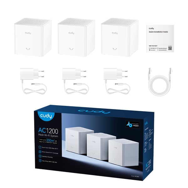 Cudy M1200 3-PACK Wi-Fi-verkkojärjestelmä Kaksitaajuus (2,4 GHz/5 GHz) Wi-Fi 5 (802.11ac) Valkoinen 1 Sisäinen