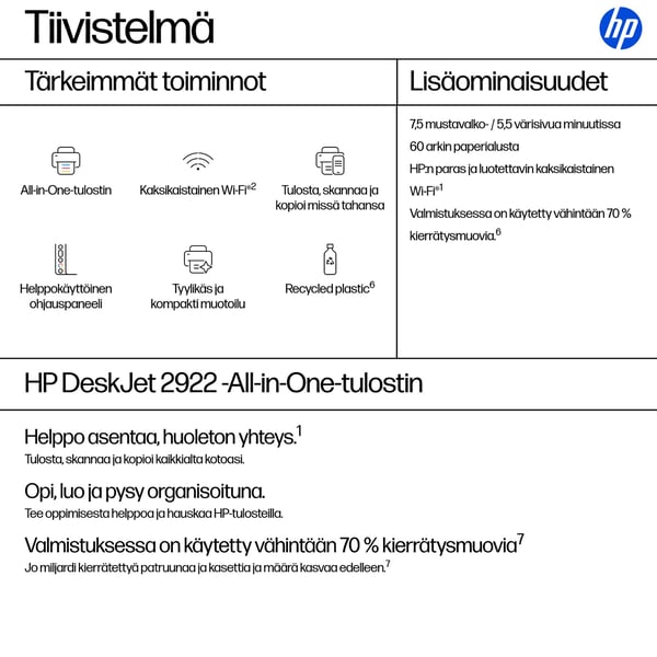 HP DeskJet 2922 Langaton All-in-One Väri Tulostin