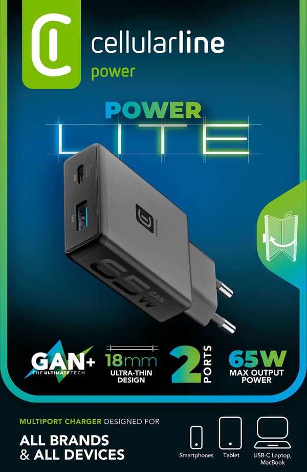 Cellularline POWER LITE 65W DUAL A+C Laptop, Universel Sort Vekselstrøm Hurtig opladning Indendørs
