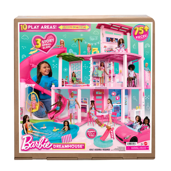Barbie Dreamhouse Adventures Dreamhouse, over 75 dele, dukkehus til poolparty med en vandrutsjebane, der er tre etager høj
