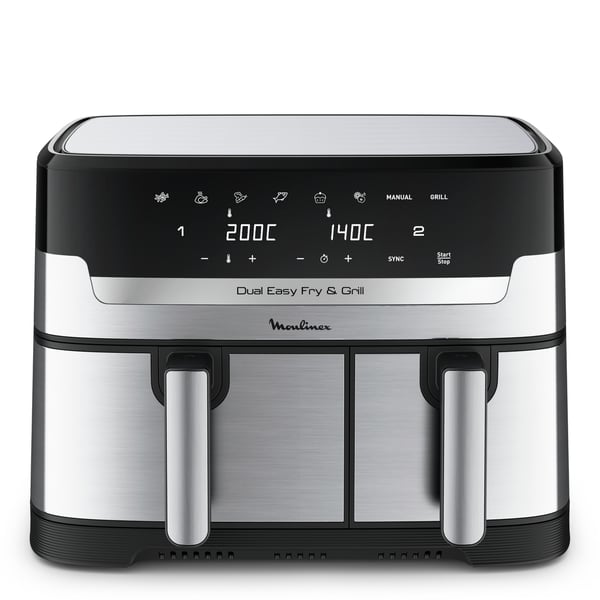 Moulinex Dual Easy Fry EZ905D20 frituregryde Dobbelt 8,3 L Enkeltstående 2450 W Varmluftsteger Sort, Rustfrit stål Moulinex Dual Easy Fry EZ905D20 frituregryde Dobbelt 8,3 L Enkeltstående 2450 W Varmluftsteger Sort, Rustfrit stål