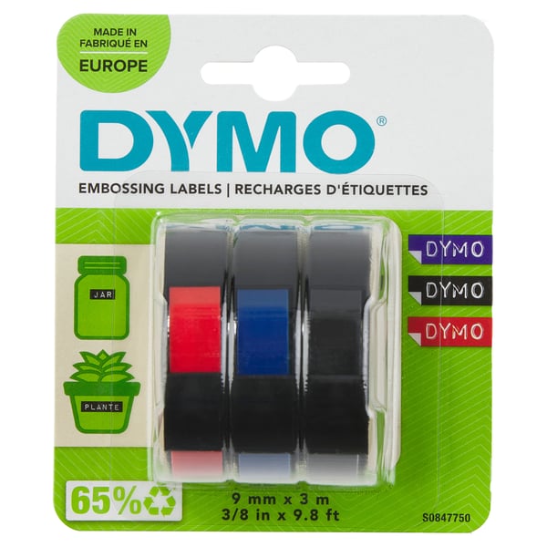 DYMO Autentiskt -tejp för etikettprägling | 9 mm x 3 m | Vit utskrift på blått | Vit utskrift på rött | Vit utskrift på grönt | Självhäftande | för präglingsmaskiner | 3 st. | Tillverkas i Europa