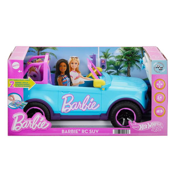 Hot Wheels Kauko-ohjattava Barbie -katumaasturi ja tarroja, paristoilla toimiva leluauto, johon mahtuu 2 Barbie-nukkea
