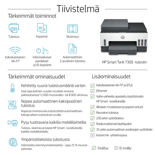HP Smart Tank 7305 Langaton All-in-One Väri Tulostin, Kaksipuolinen tulostus; Kopiokone, skanneri