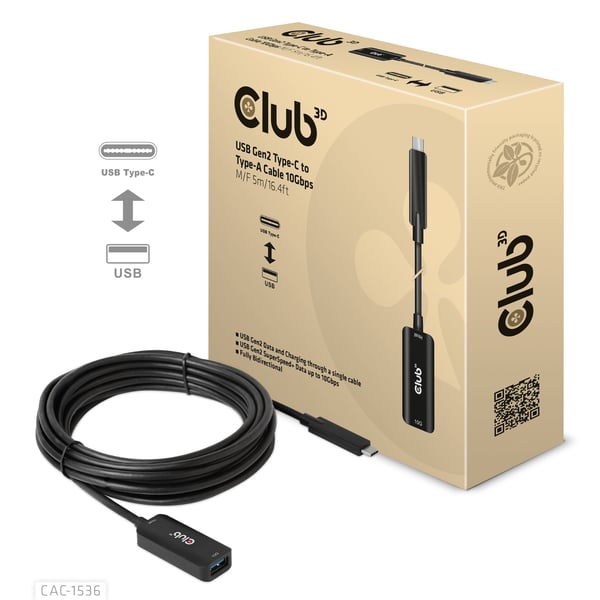 CLUB3D CAC-1536 USB-kabel USB 3.2 Gen 2 (3.1 Gen 2) 5 m USB C USB A 10 Gbit/sek. Sort