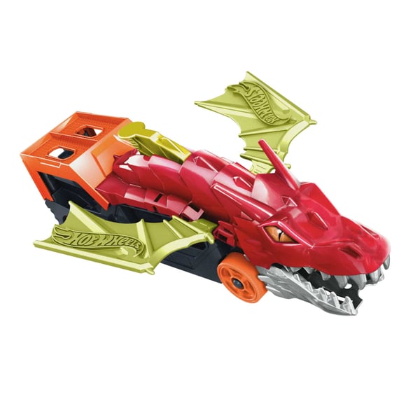 Hot Wheels City Dragon Launch Transporter, skjuter ut bilar ur munnen, present till barn från 3 år och uppåt