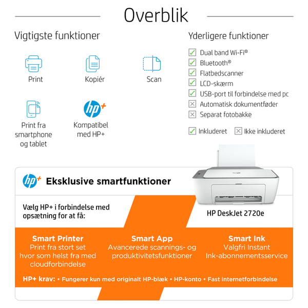 HP DeskJet 2720e Trådløst All-in-One Farve Printer, Instant Ink; Kopimaskine, scanner