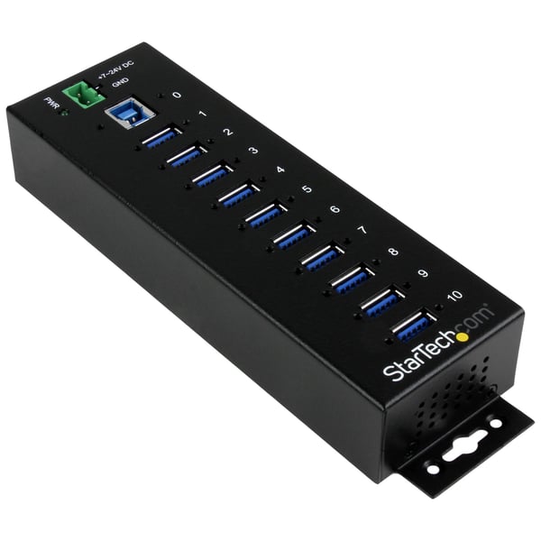 StarTech.com USB 3.0-hubb med 10 portar - 5Gbps - Industriell USB-A-hubb i metall med ESD- och överspänningsskydd - Monterbar på DIN-skena, vägg eller skrivbord - TAA-kompatibel USB-expansionshubb
