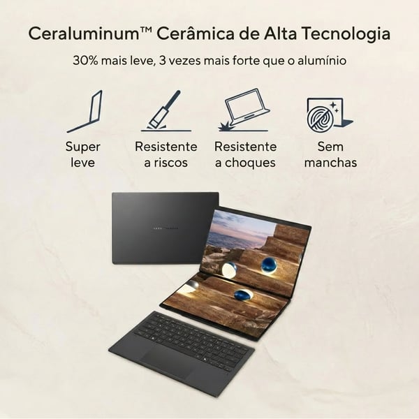 ASUS Zenbook Duo UX8407AA-U93BOHDCP1 Copilot+ PC Intel Core Ultra 9 386H Hybrid (2-i-1) 35,6 cm (14") Berøringsskærm WQXGA+ 32 GB LPDDR5x-SDRAM 1 TB SSD Wi-Fi 7 (802.11be) Windows 11 Pro Grå QWERTY Portugisisk