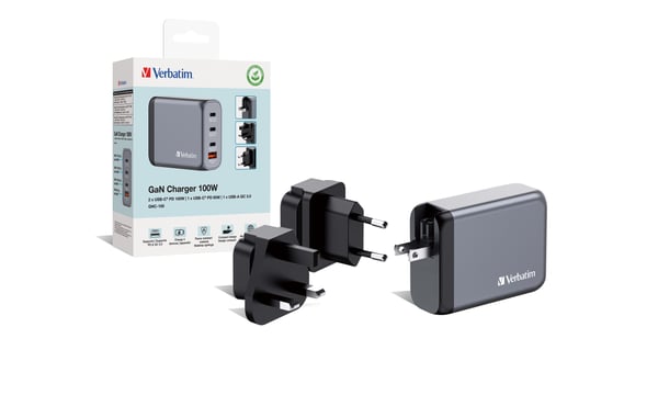 Verbatim Strømforsyning - GaN - 100 Watt - 5 A - PD 3.0, PD/PPS, QC 3.0 - 4 udgangsporte (3 x U