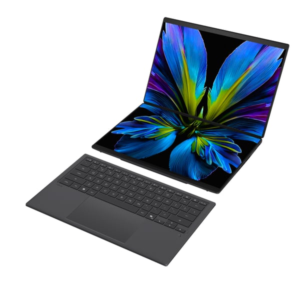 ASUS Zenbook Duo UX8407AA-U93BOHDCP1 Copilot+ PC Intel Core Ultra 9 386H Hybrid (2-i-1) 35,6 cm (14") Berøringsskærm WQXGA+ 32 GB LPDDR5x-SDRAM 1 TB SSD Wi-Fi 7 (802.11be) Windows 11 Pro Grå QWERTY Portugisisk