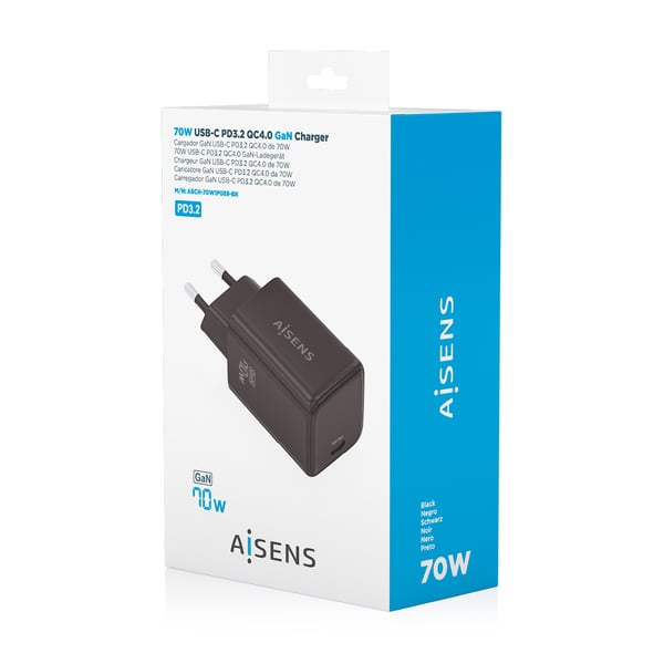 AISENS ASCH-70W1P089-BK mobiililaitteen laturi Matkapuhelin, Älypuhelin, Digitaalikamera, Universaali, Tabletti, MP3, MP4, Kannettava pelikonsoli Musta AC Pikalataus Sisätila
