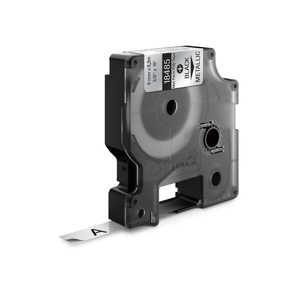 DYMO Industriella, permanenta Rhino-polyesteretiketter | 9 mm × 5,5 m | Svart text på metallisk tejp | Självhäftande | För Rhino- och LabelManager-etikettskrivare