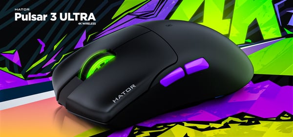 HATOR Pulsar 3 Ultra 8K+4K Wireless gamingmus, 2.4 GHz + Bluetooth + USB, Optical Yellow 100M Switches, PixArt PAW3950, RGB, Web SyncHUB™