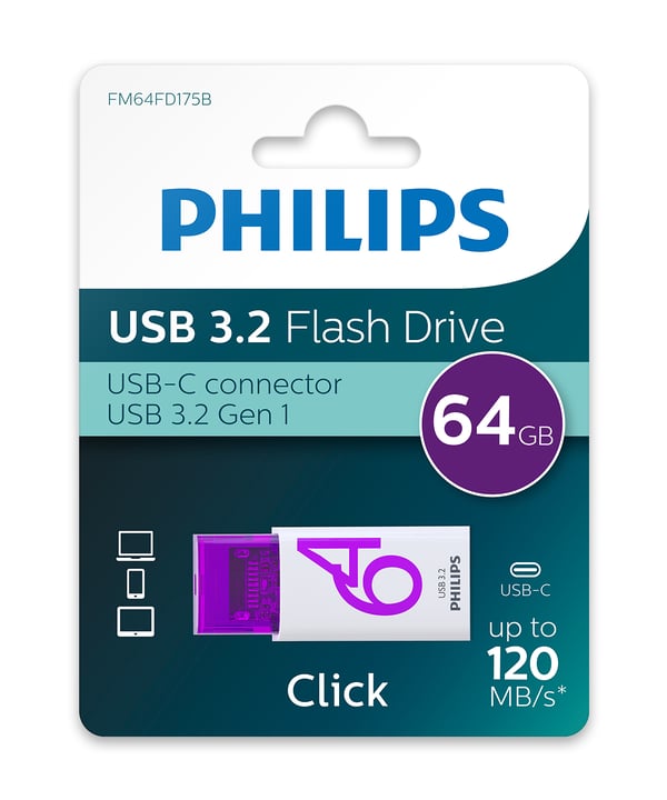Philips Click USB-sticka 64 GB USB Type-C 3.2 Gen 1 (3.1 Gen 1) Violett, Vit