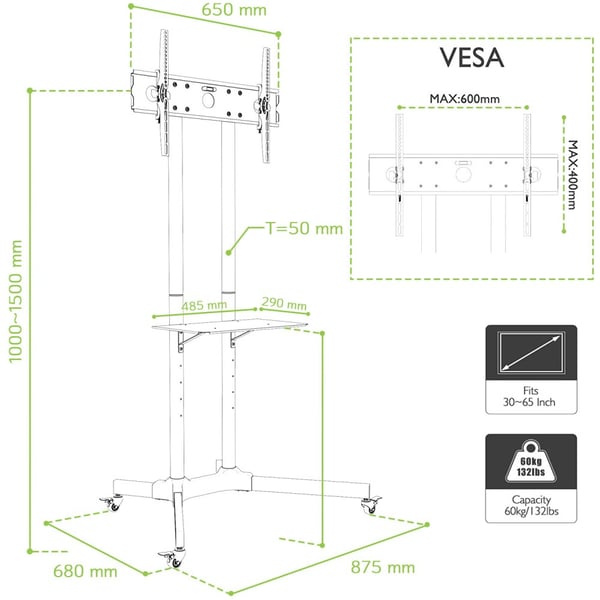 Techly ICA-TR6 TV-kiinnike 165,1 cm (65") Musta