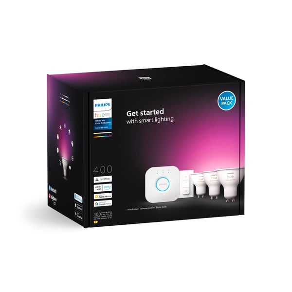 Philips Hue White och Color Ambiance Startpaket: 3 GU10 smarta spotlights + dimmerströmbrytare