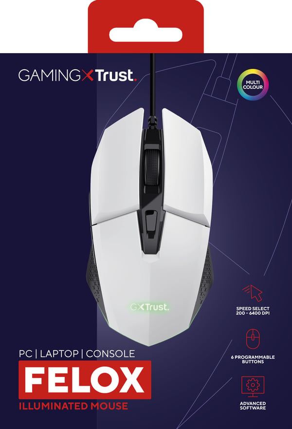 Trust GXT 109W Felox mus Spil Højre hånd USB Type-A Optisk 6400 dpi