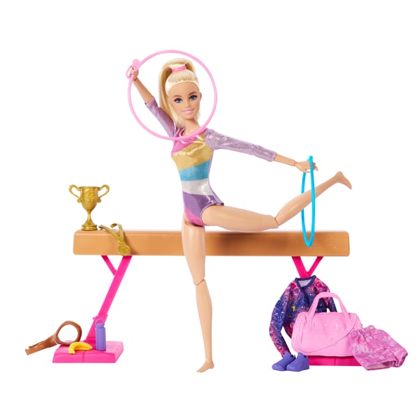 Barbie Barbie-voimistelulelupakkaus, jossa vaaleahiuksinen nukke, puomi, yli 10 tarviketta ja volttiominaisuus