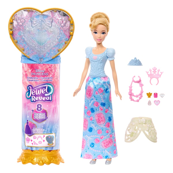 Disney Princess Jewel Reveal Askepot-modedukke med 8 overraskelser, herunder smykkeskrin og tilbehør
