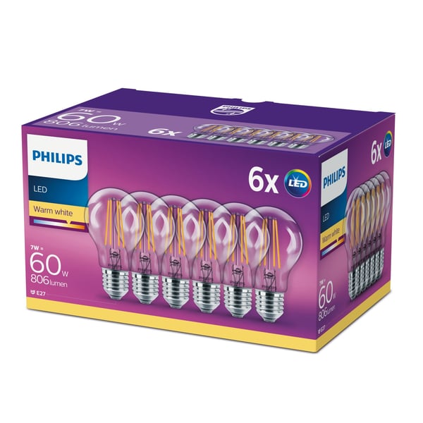 Philips Filament pære, klar 60 W A60 E27 x 6