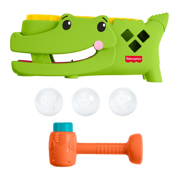 Fisher-Price Sitt och slå-rulligator, aktivitetsleksak att slå på för krypande lek, 3 bollar och hammare
