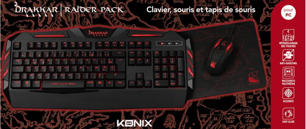 Konix Drakkar Raider Pack tangentbord Mus inkluderad Spela USB AZERTY Fransk Svart, Röd