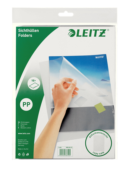 Leitz kvalitets omslag A4, 130my, 10 stk i pose, 30 % recirkuleret plast (præ-consumer)