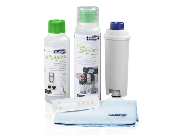 De’Longhi Coffee Care Kit, vedligeholdelsessæt til kaffemaskiner med vandfilter, EcoDecalk, Eco MultiClean, mikrofiberklud, vandhårdhedstestpind.